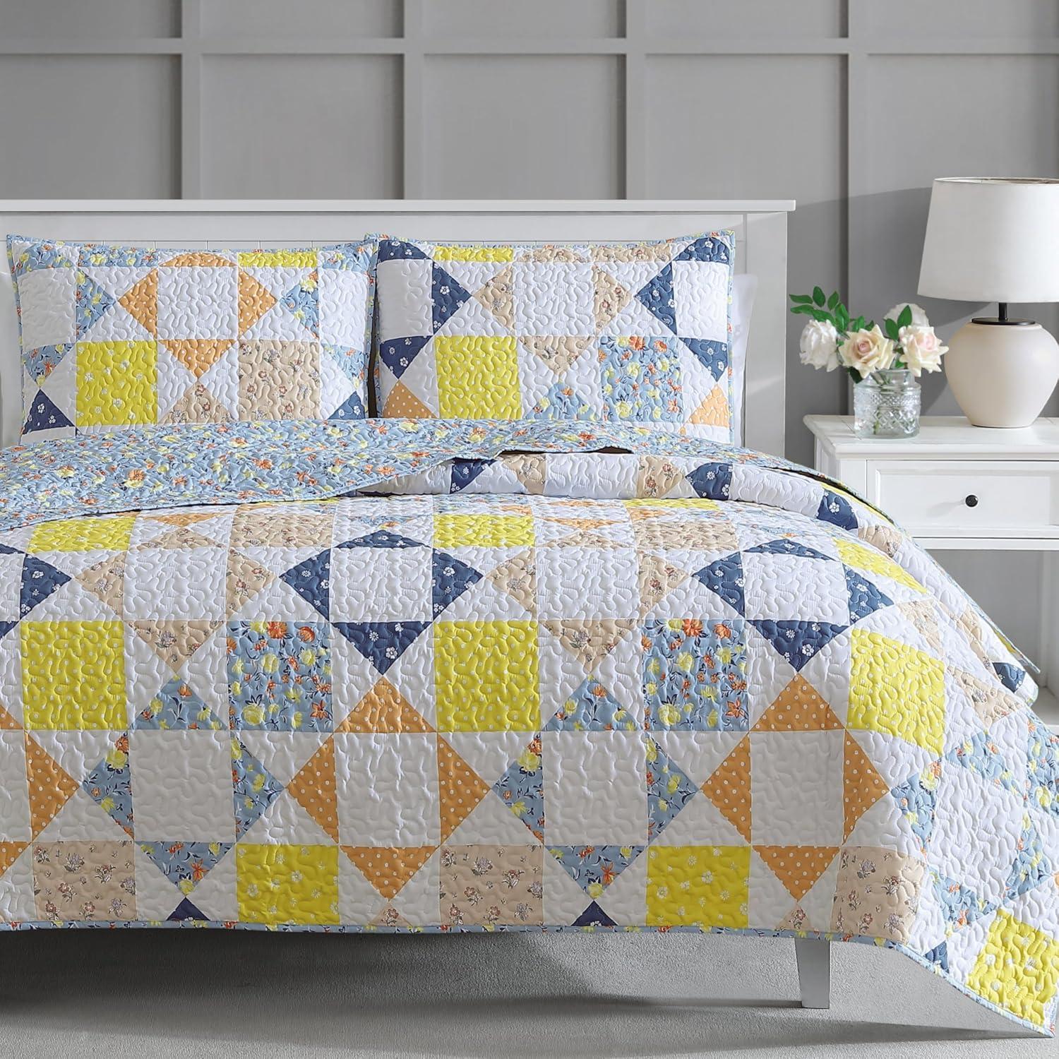 imageMartha Stewart Twin Size Quilt Bedding Set 2 Piece Soft Washed Microfiber Printed Bedspread Reversible All Season 1 Quilt 1 Standard Pillow Sham Blue White amp Red Painted Floral PrintKite Ditsy Patchwork