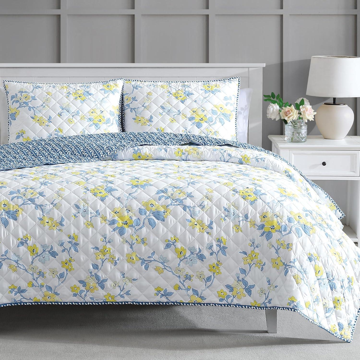 imageMartha Stewart Twin Size Quilt Bedding Set 2 Piece Soft Washed Microfiber Printed Bedspread Reversible All Season 1 Quilt 1 Standard Pillow Sham Blue White amp Red Painted Floral PrintMaribel Floral Vine