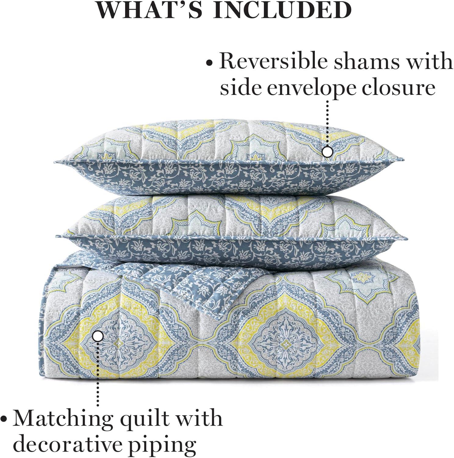 imageMartha Stewart Twin Size Quilt Bedding Set 2 Piece Soft Washed Microfiber Printed Bedspread Reversible All Season 1 Quilt 1 Standard Pillow Sham Blue White amp Red Painted Floral PrintJamie Medallion