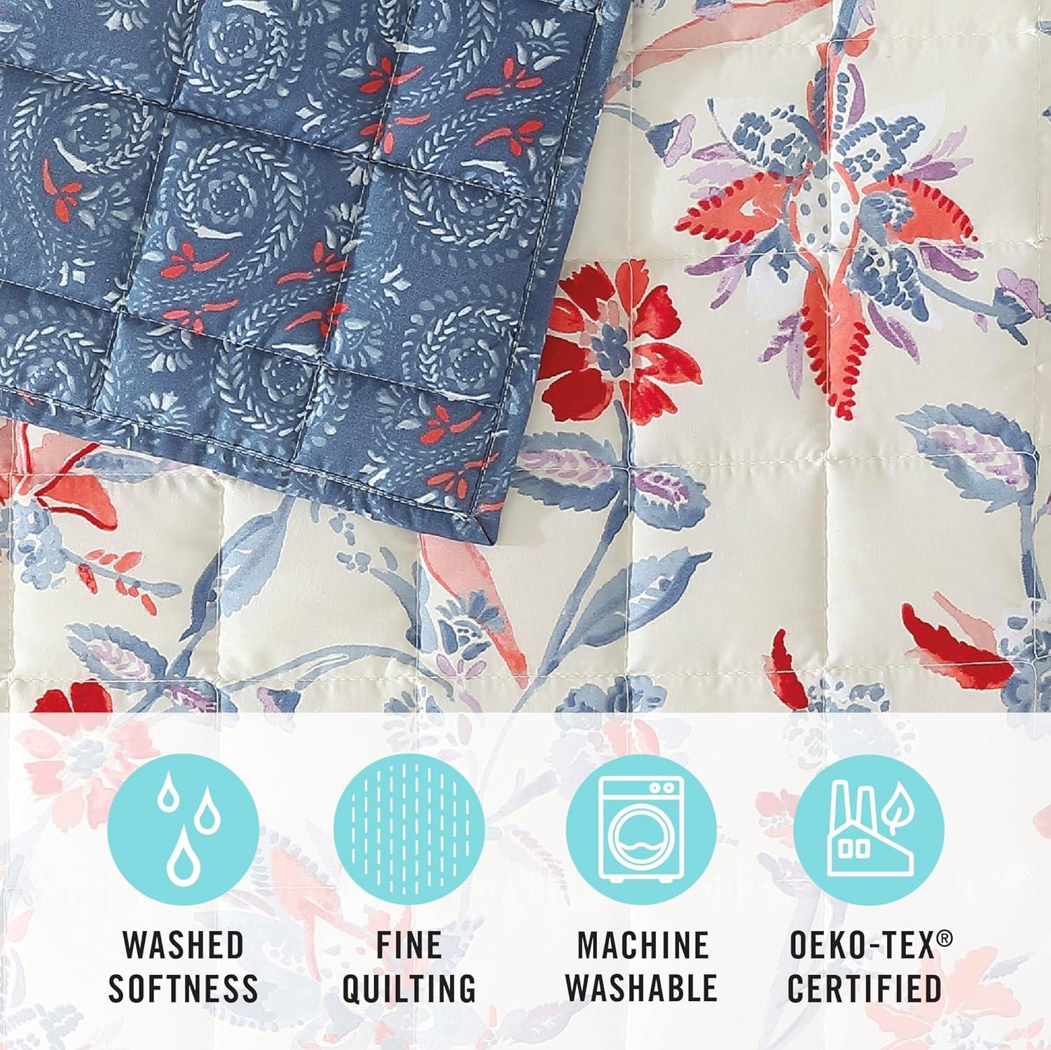 imageMartha Stewart Twin Size Quilt Bedding Set 2 Piece Soft Washed Microfiber Printed Bedspread Reversible All Season 1 Quilt 1 Standard Pillow Sham Blue White amp Red Painted Floral PrintNadine Painted Jacobean