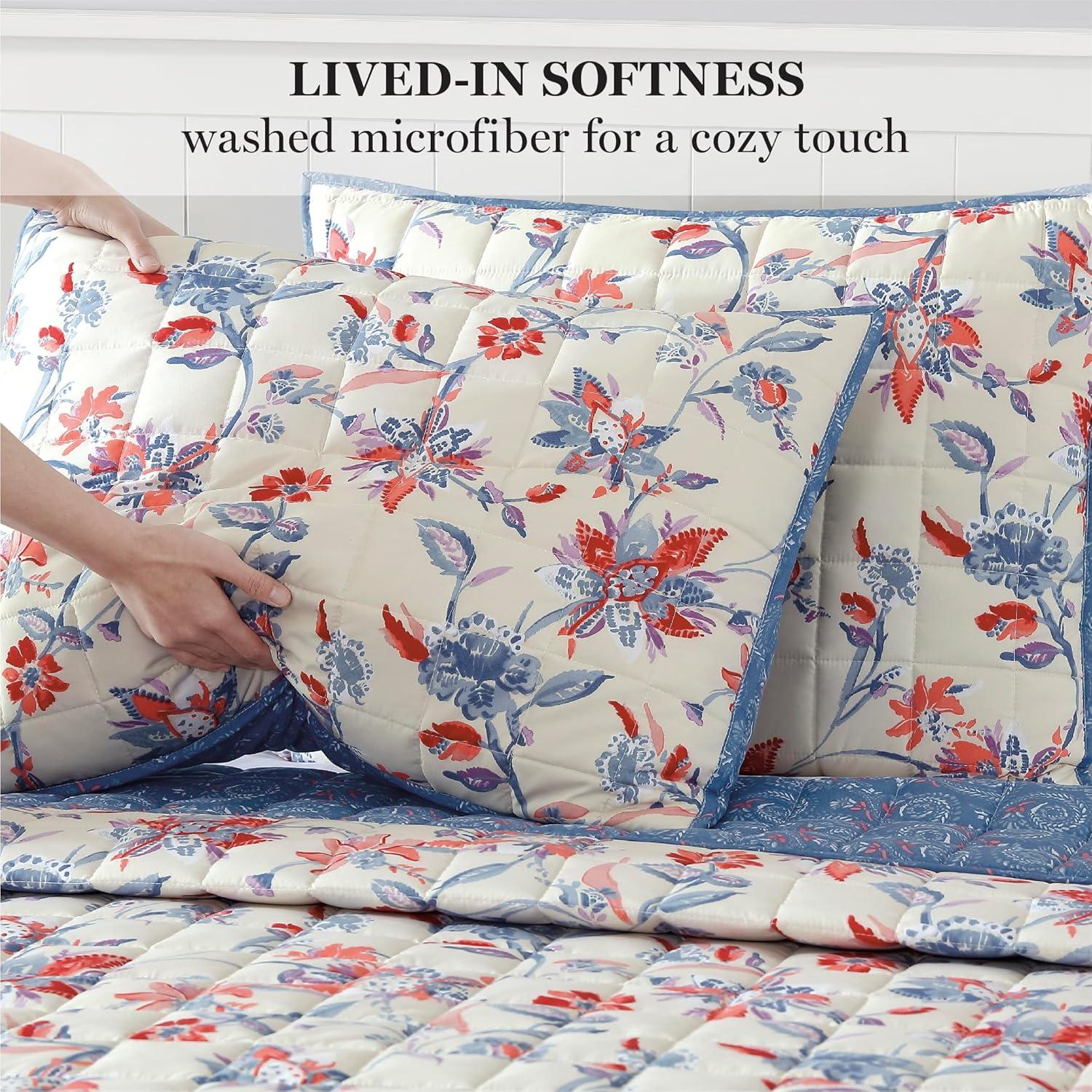 imageMartha Stewart Twin Size Quilt Bedding Set 2 Piece Soft Washed Microfiber Printed Bedspread Reversible All Season 1 Quilt 1 Standard Pillow Sham Blue White amp Red Painted Floral PrintNadine Painted Jacobean
