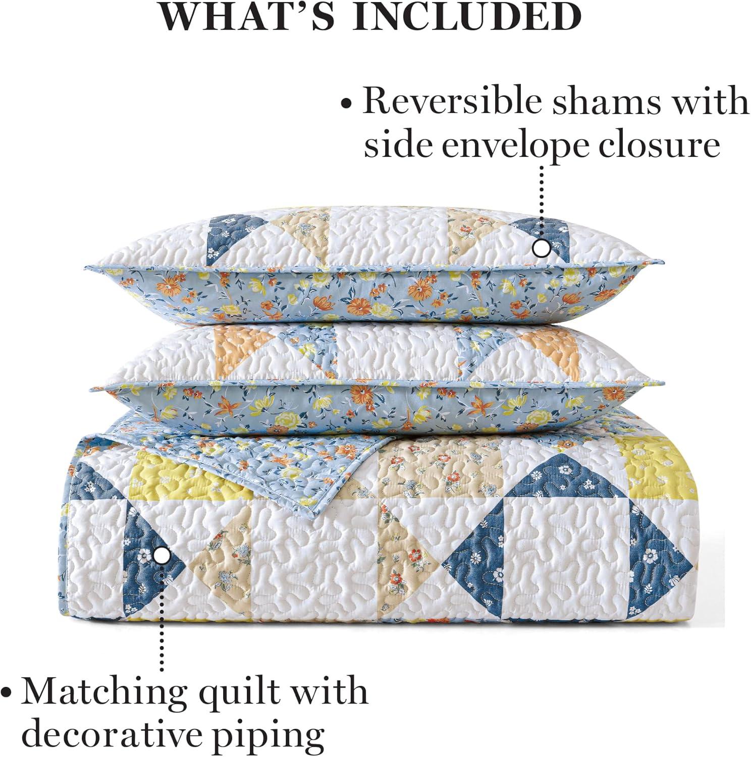 imageMartha Stewart Twin Size Quilt Bedding Set 2 Piece Soft Washed Microfiber Printed Bedspread Reversible All Season 1 Quilt 1 Standard Pillow Sham Blue White amp Red Painted Floral PrintKite Ditsy Patchwork