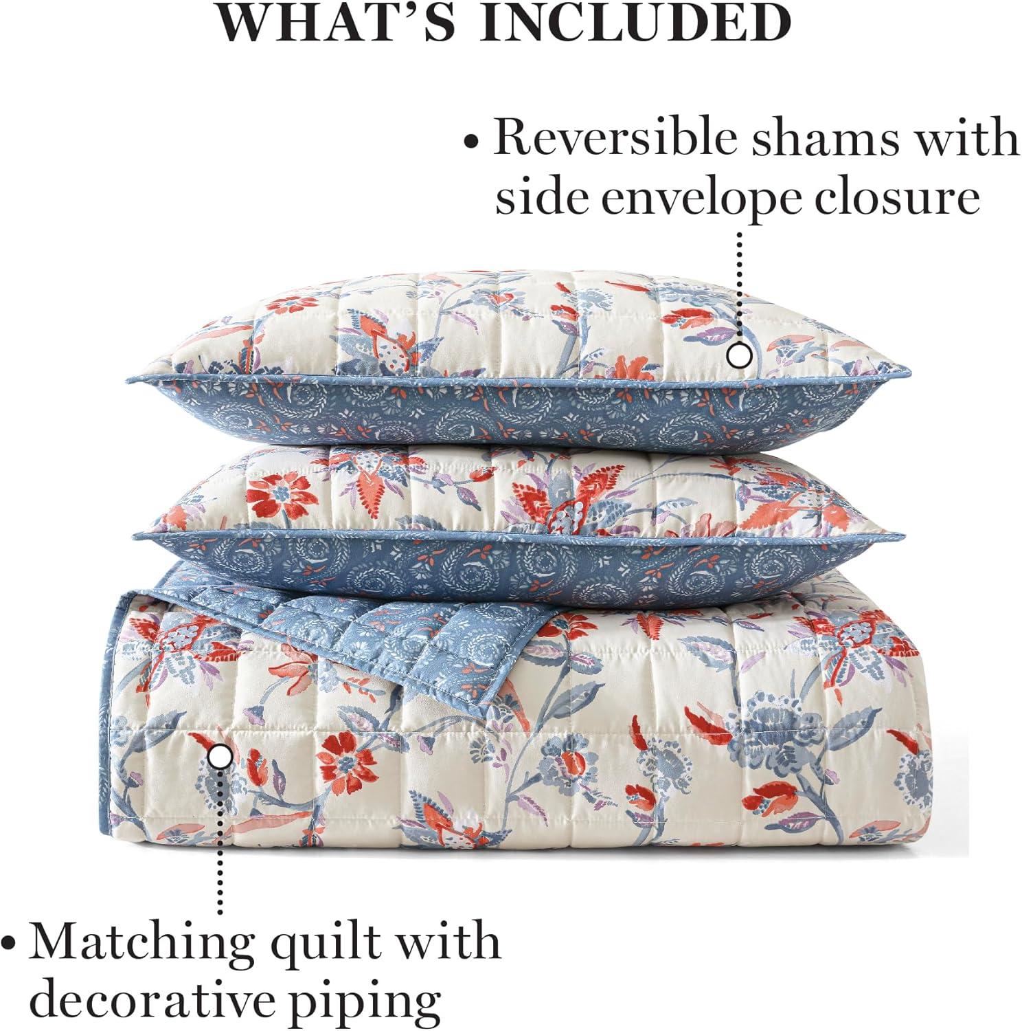imageMartha Stewart Twin Size Quilt Bedding Set 2 Piece Soft Washed Microfiber Printed Bedspread Reversible All Season 1 Quilt 1 Standard Pillow Sham Blue White amp Red Painted Floral PrintNadine Painted Jacobean