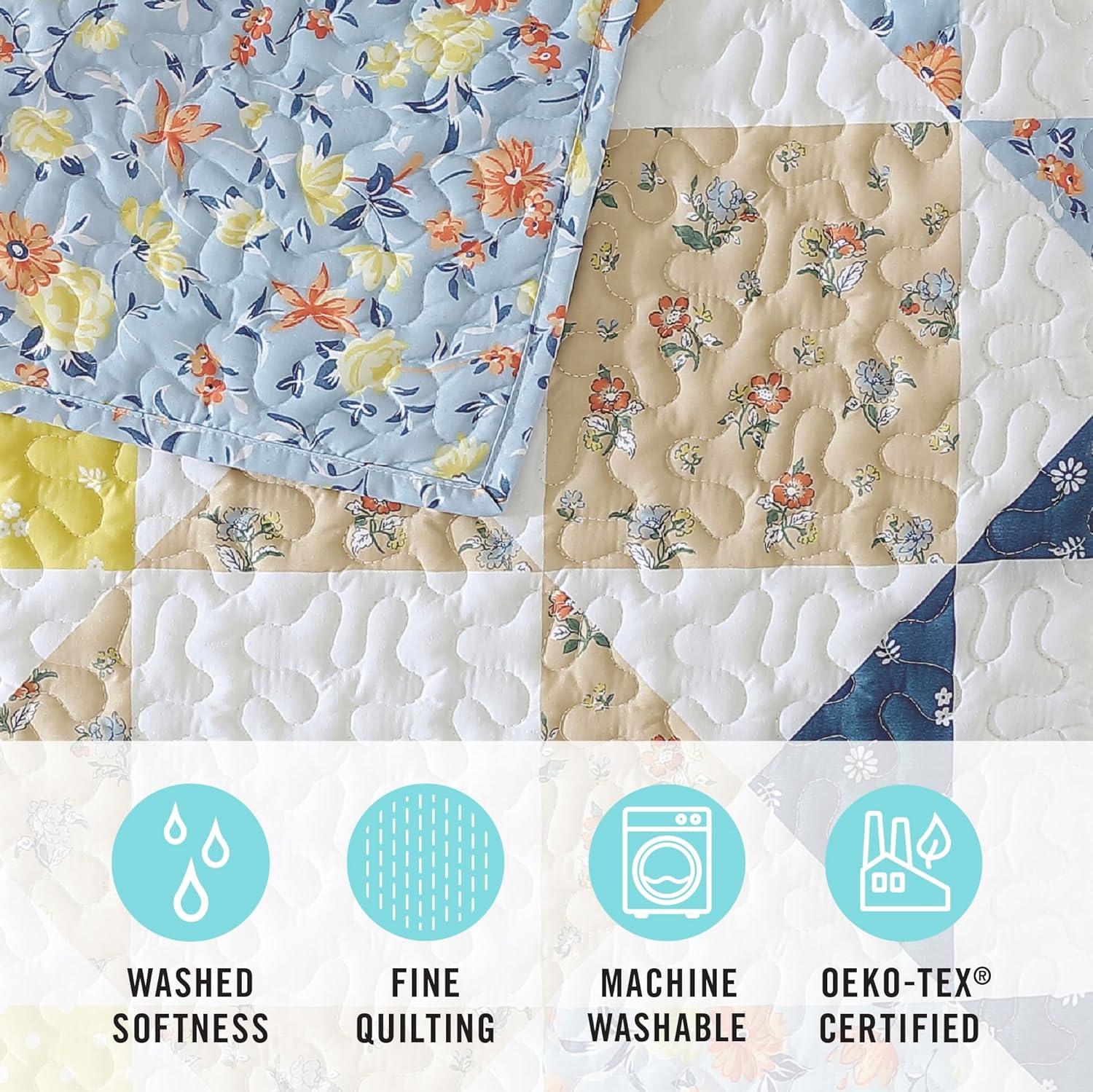 imageMartha Stewart Twin Size Quilt Bedding Set 2 Piece Soft Washed Microfiber Printed Bedspread Reversible All Season 1 Quilt 1 Standard Pillow Sham Blue White amp Red Painted Floral PrintKite Ditsy Patchwork