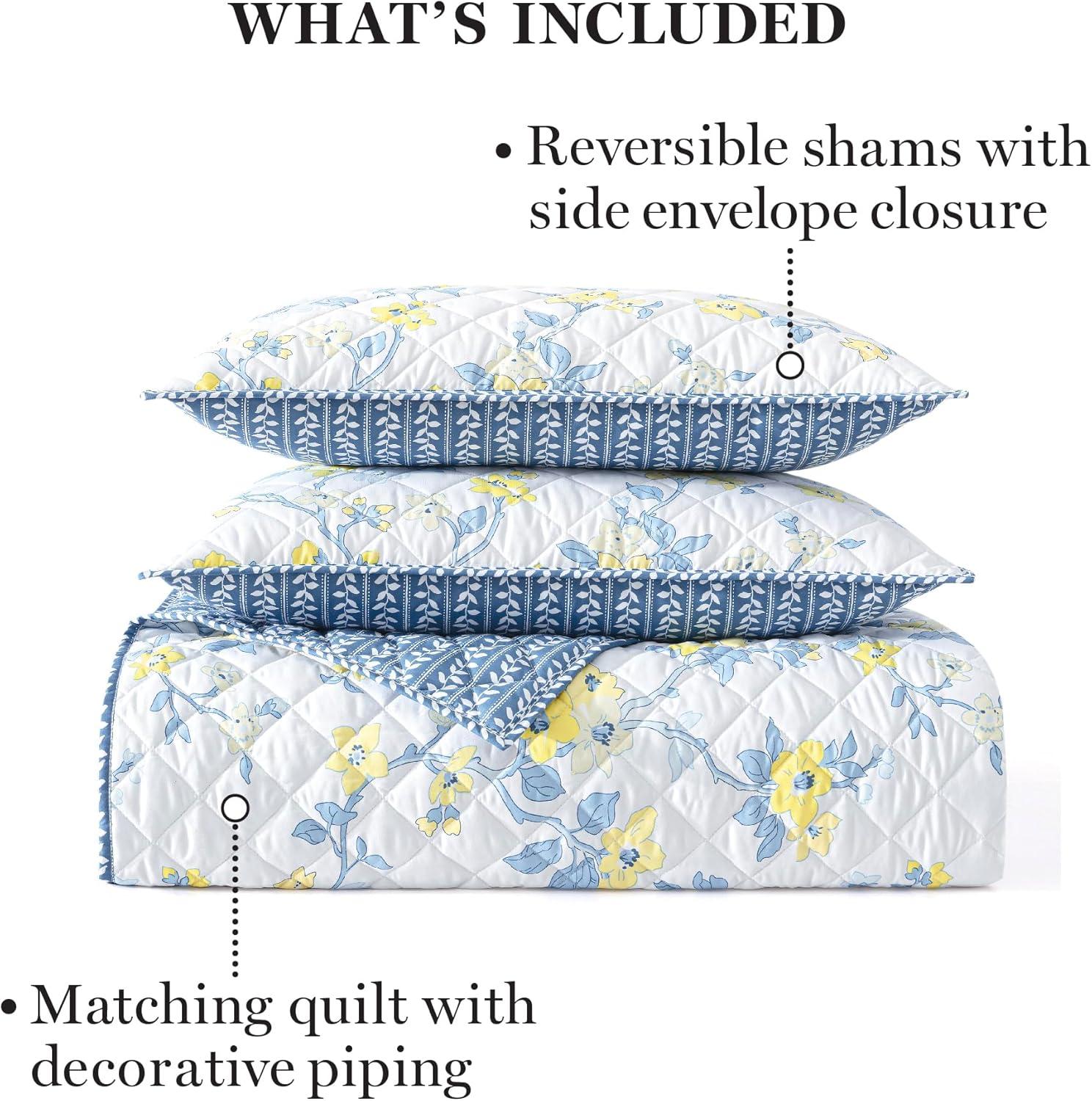 imageMartha Stewart Twin Size Quilt Bedding Set 2 Piece Soft Washed Microfiber Printed Bedspread Reversible All Season 1 Quilt 1 Standard Pillow Sham Blue White amp Red Painted Floral PrintMaribel Floral Vine