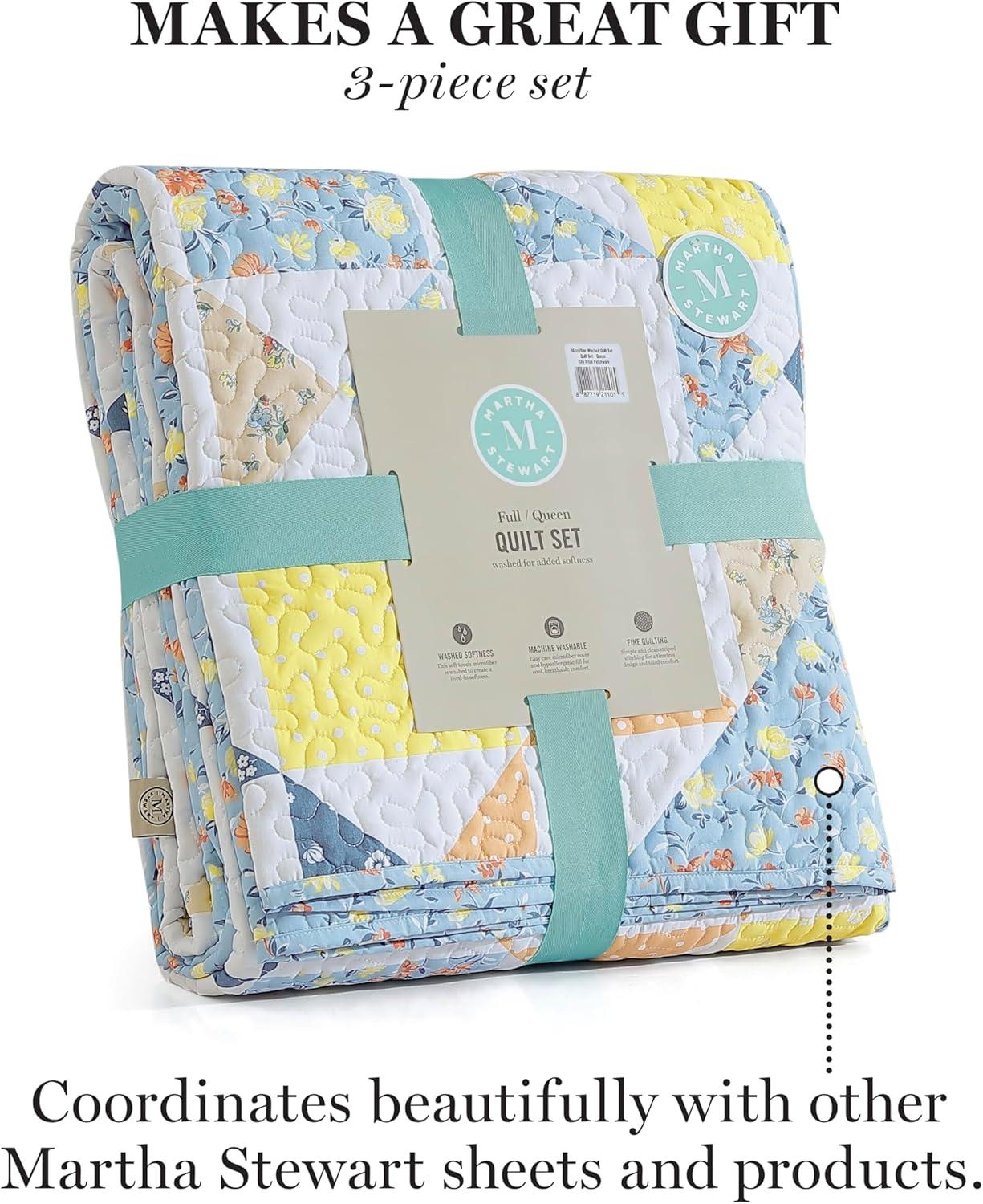 imageMartha Stewart Twin Size Quilt Bedding Set 2 Piece Soft Washed Microfiber Printed Bedspread Reversible All Season 1 Quilt 1 Standard Pillow Sham Blue White amp Red Painted Floral PrintKite Ditsy Patchwork