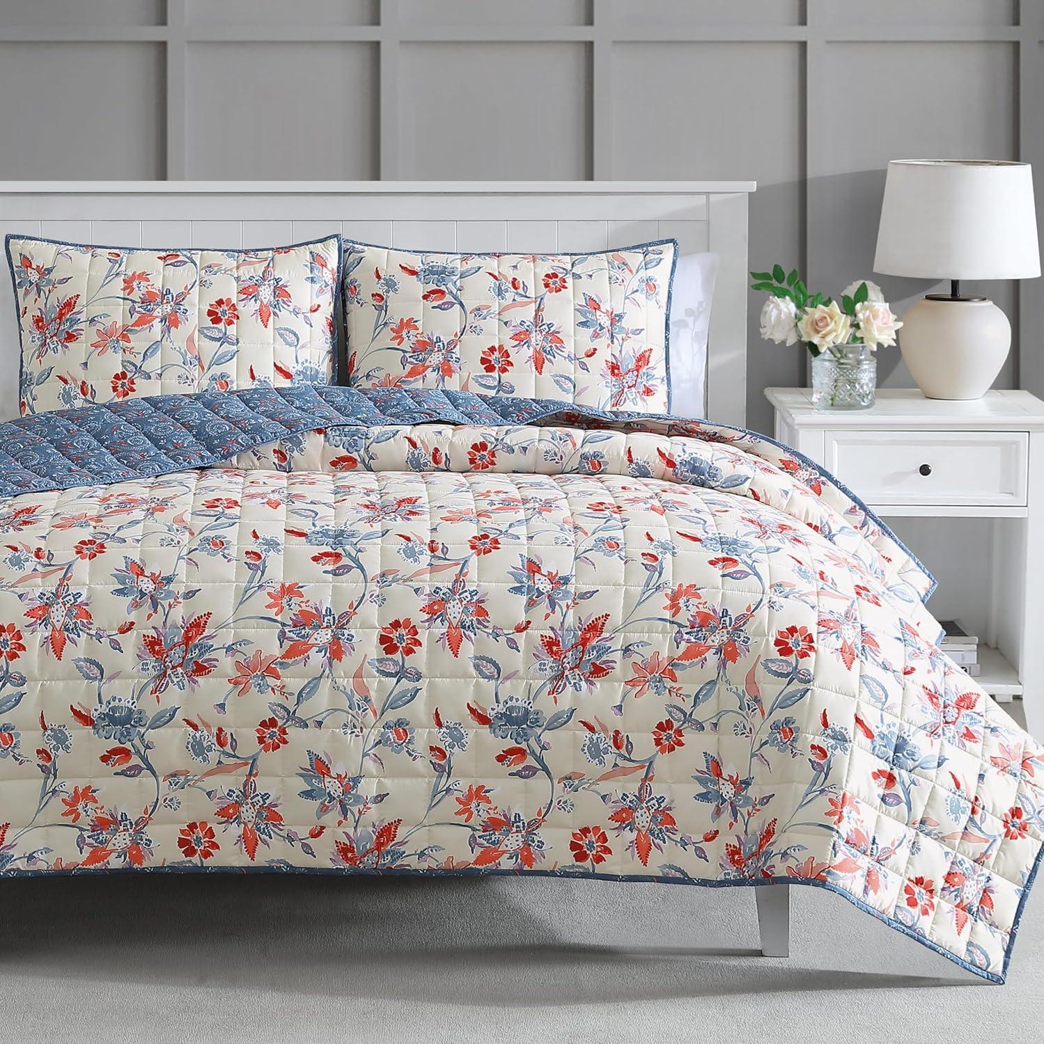 imageMartha Stewart Twin Size Quilt Bedding Set 2 Piece Soft Washed Microfiber Printed Bedspread Reversible All Season 1 Quilt 1 Standard Pillow Sham Blue White amp Red Painted Floral PrintNadine Painted Jacobean