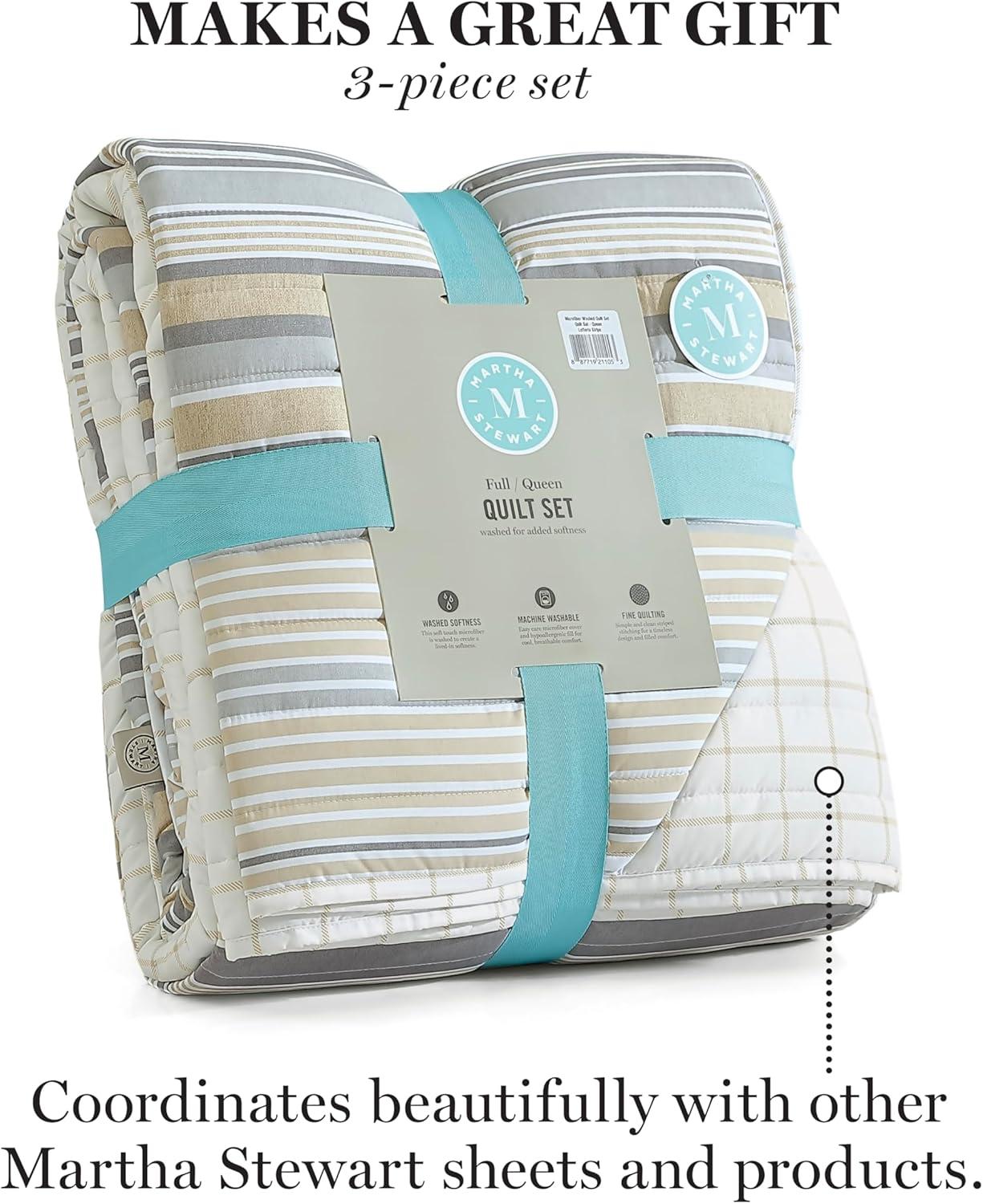 imageMartha Stewart Twin Size Quilt Bedding Set 2 Piece Soft Washed Microfiber Printed Bedspread Reversible All Season 1 Quilt 1 Standard Pillow Sham Blue White amp Red Painted Floral PrintLefferts Stripe