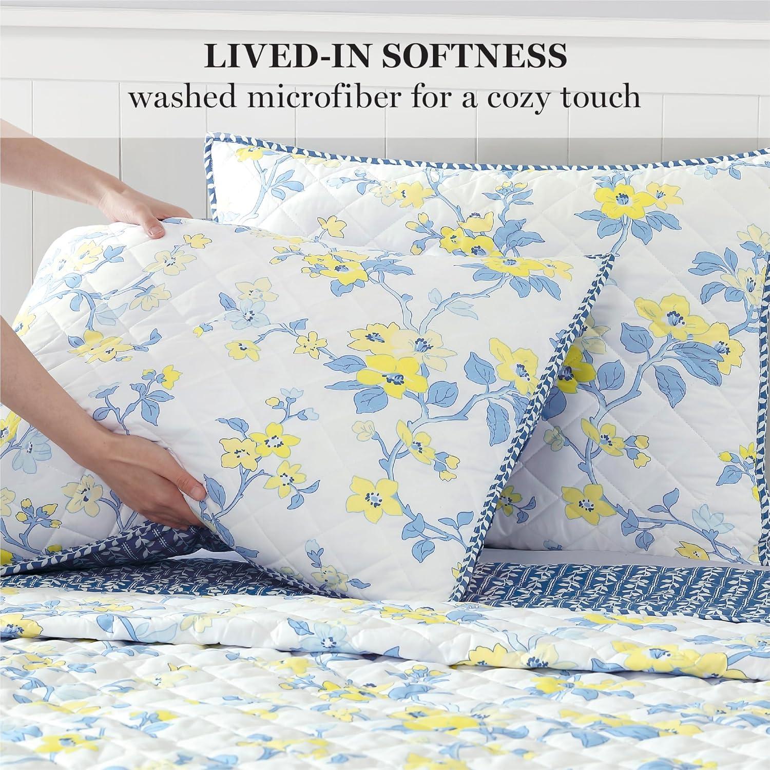 imageMartha Stewart Twin Size Quilt Bedding Set 2 Piece Soft Washed Microfiber Printed Bedspread Reversible All Season 1 Quilt 1 Standard Pillow Sham Blue White amp Red Painted Floral PrintMaribel Floral Vine