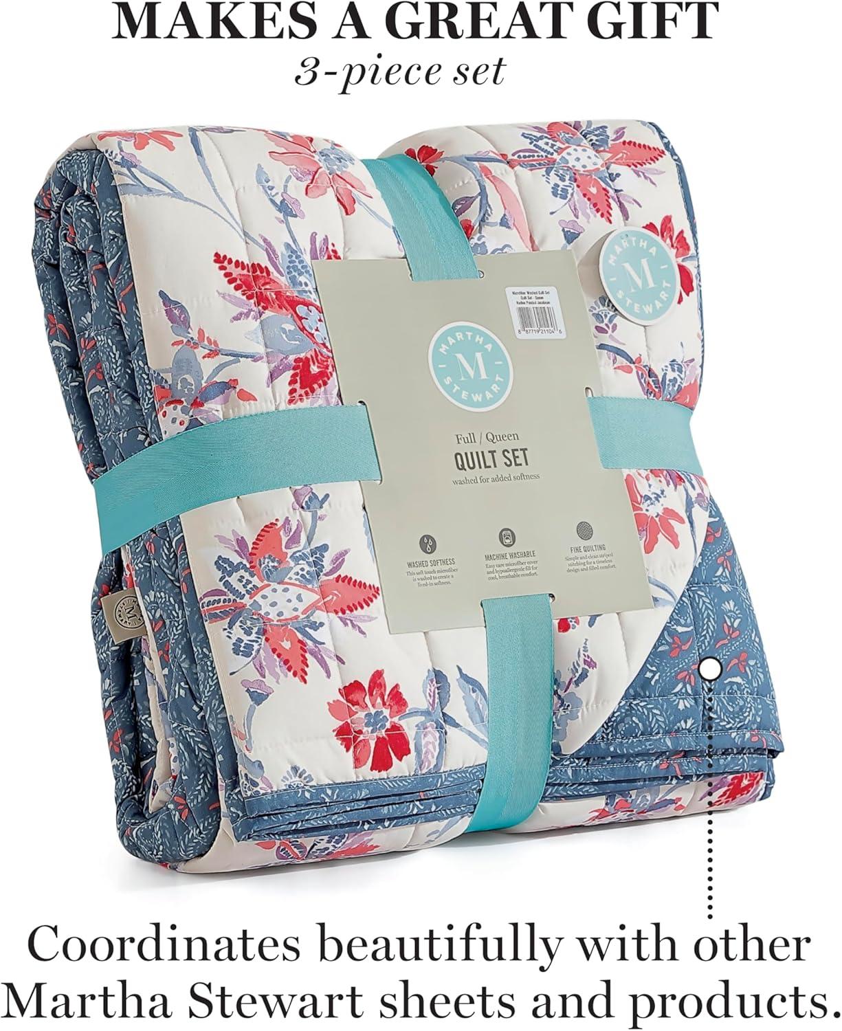 imageMartha Stewart Twin Size Quilt Bedding Set 2 Piece Soft Washed Microfiber Printed Bedspread Reversible All Season 1 Quilt 1 Standard Pillow Sham Blue White amp Red Painted Floral PrintNadine Painted Jacobean