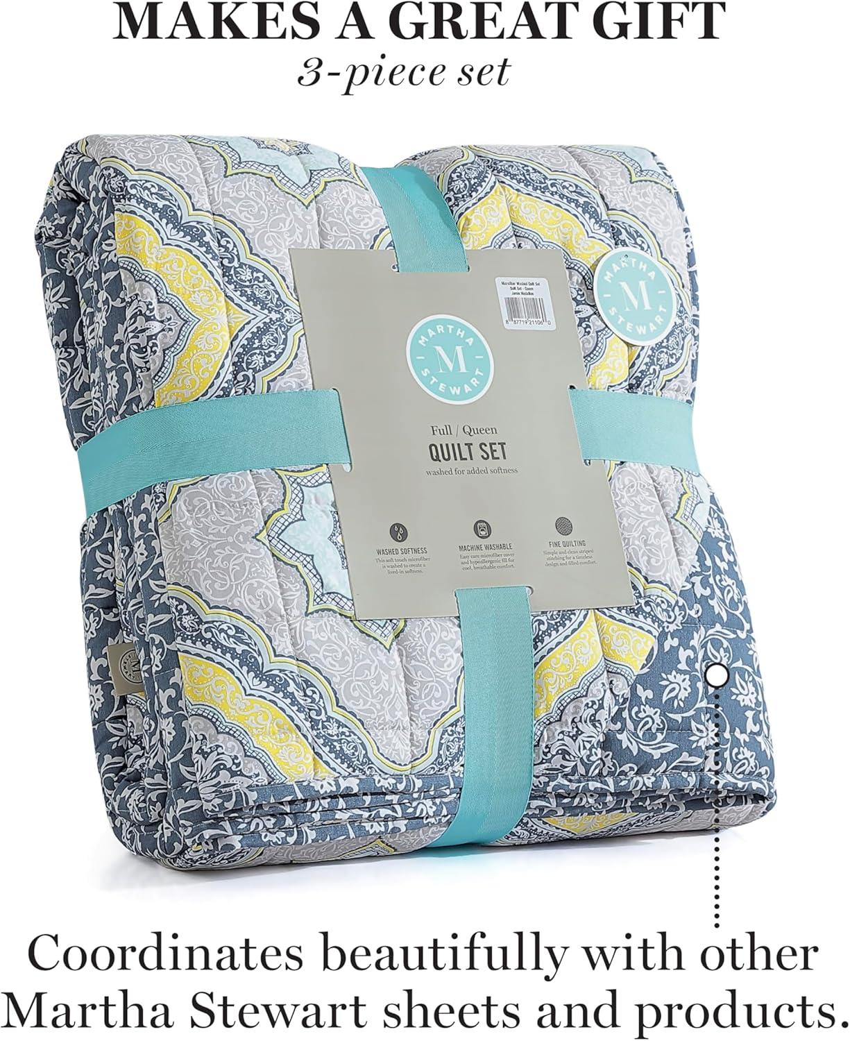 imageMartha Stewart Twin Size Quilt Bedding Set 2 Piece Soft Washed Microfiber Printed Bedspread Reversible All Season 1 Quilt 1 Standard Pillow Sham Blue White amp Red Painted Floral PrintJamie Medallion