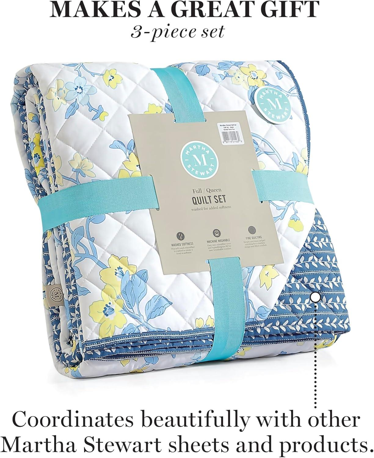 imageMartha Stewart Twin Size Quilt Bedding Set 2 Piece Soft Washed Microfiber Printed Bedspread Reversible All Season 1 Quilt 1 Standard Pillow Sham Blue White amp Red Painted Floral PrintMaribel Floral Vine
