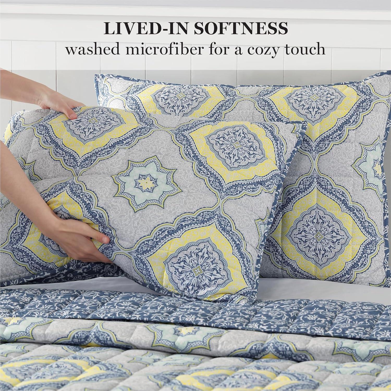 imageMartha Stewart Twin Size Quilt Bedding Set 2 Piece Soft Washed Microfiber Printed Bedspread Reversible All Season 1 Quilt 1 Standard Pillow Sham Blue White amp Red Painted Floral PrintJamie Medallion