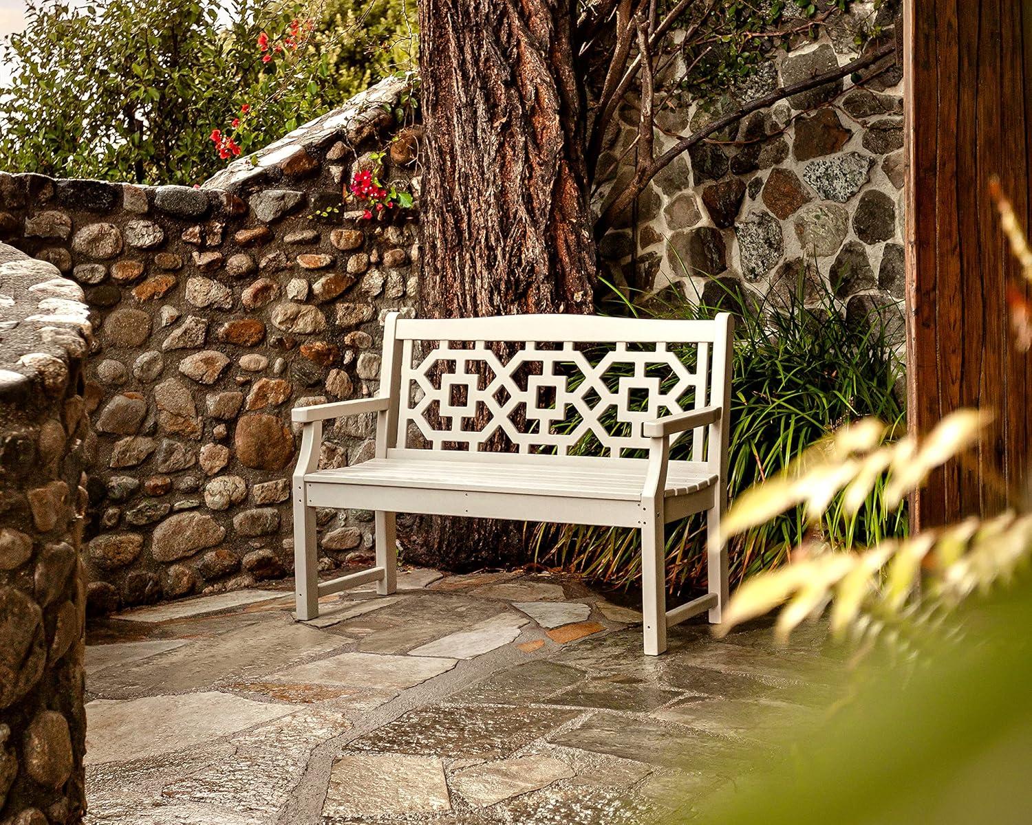 imageMartha Stewart by POLYWOOD Chinoiserie 48 Outdoor Bench for Patio Porch amp Backyard Sand Durable AllWeather HDPE Garden Seat with Back Support Classic 2 Person Seating Made in The USAMahogany