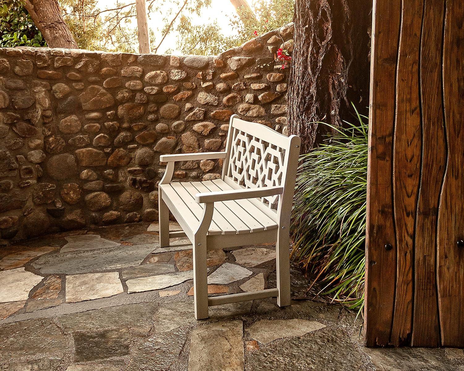 imageMartha Stewart by POLYWOOD Chinoiserie 48 Outdoor Bench for Patio Porch amp Backyard Sand Durable AllWeather HDPE Garden Seat with Back Support Classic 2 Person Seating Made in The USATeak