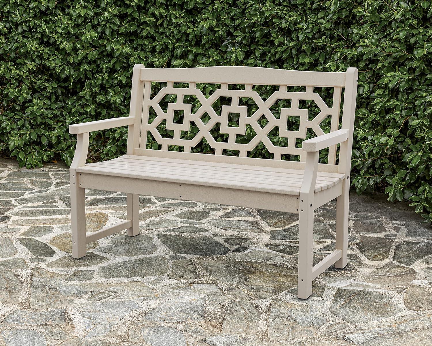 imageMartha Stewart by POLYWOOD Chinoiserie 48 Outdoor Bench for Patio Porch amp Backyard Sand Durable AllWeather HDPE Garden Seat with Back Support Classic 2 Person Seating Made in The USAMahogany