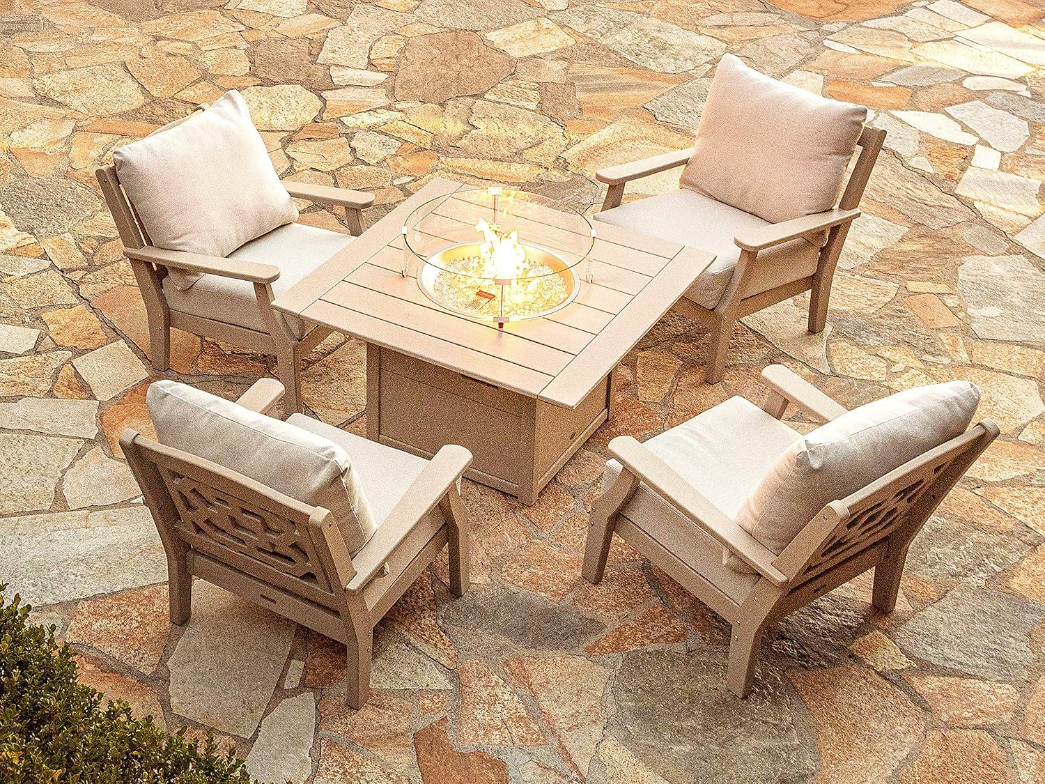 imageMartha Stewart by POLYWOOD Chinoiserie 5Piece Deep Seating Set with Fire Pit Table in SandGlacier SpaBlack Grey Mist