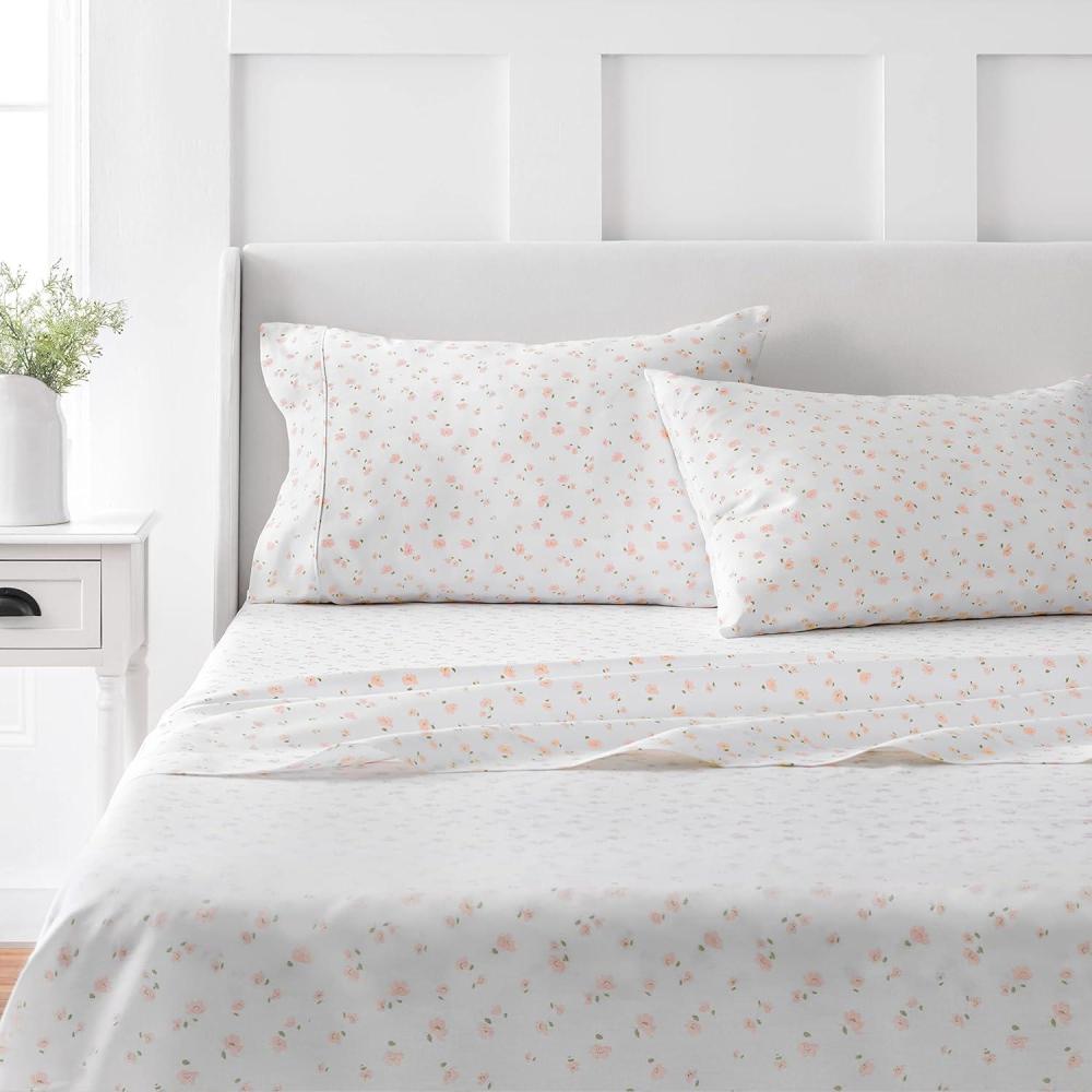 imageMARTHA STEWART 100 Cotton Full Size Sheet Set  4 Piece Soft Smooth Durable Easy Care 16 Deep Pocket Sheets Sateen Sheets 1 Flat 1 Fitted 2 Pillowcases Light BlueShea Floral Blush