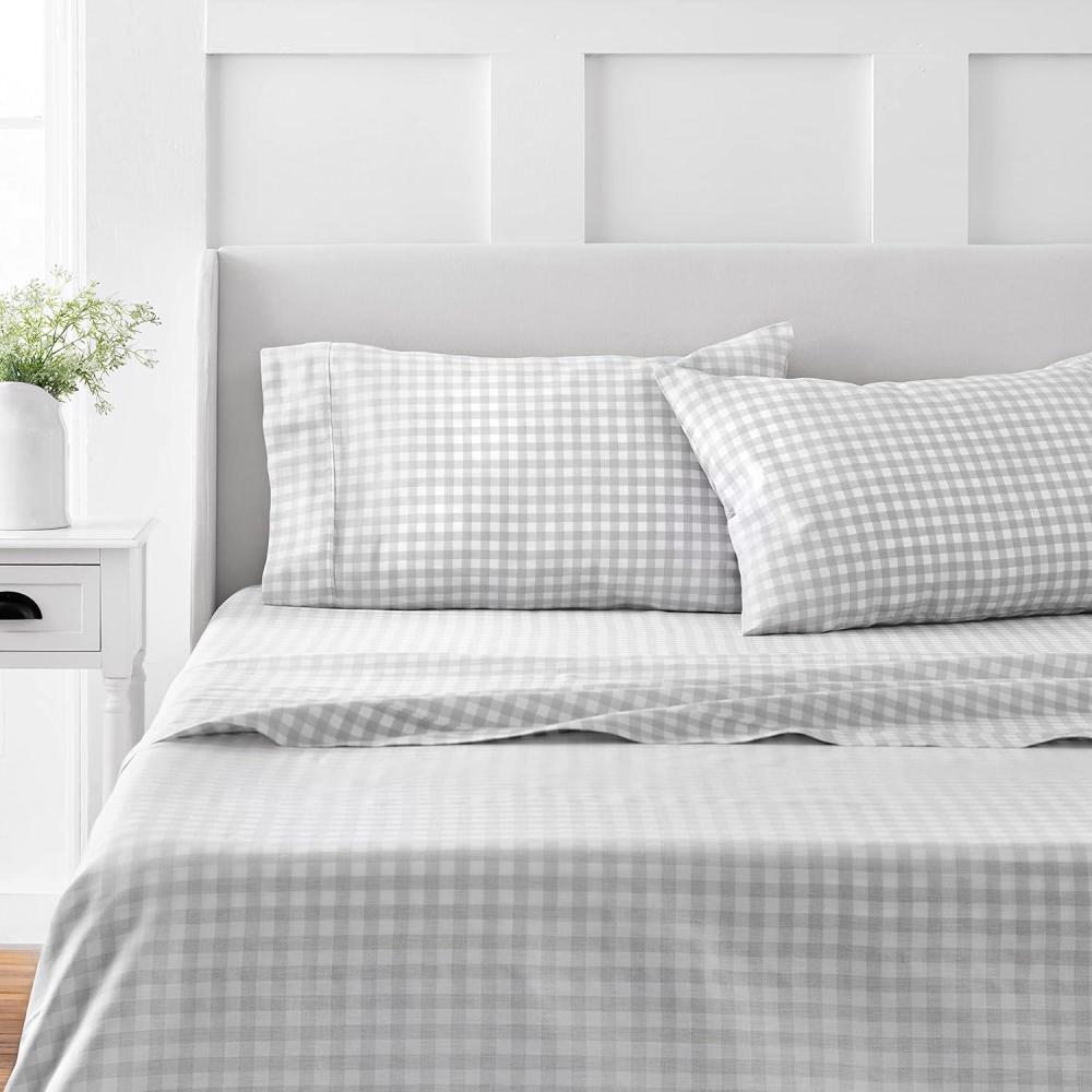 imageMARTHA STEWART 100 Cotton Full Size Sheet Set 4 Piece Soft Smooth Durable Easy Care 16 Deep Pocket Sheets Sateen Sheets 1 Flat 1 Fitted 2 Pillowcases Light BlueGingham Light Gray
