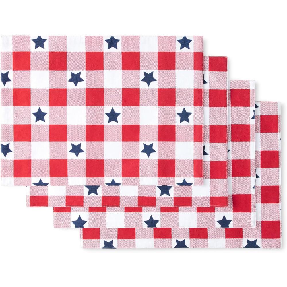 imageMARTHA STEWART Americana Star Gingham Plaid Indoor Placemat 4Pack Set Reversible Patriotic USA America Decor RedWhiteBlue 14x72