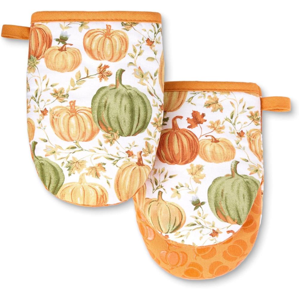 imageMARTHA STEWART Autumn Harvest Pumpkins Mini Oven Mitt 2Pack Set 100 Cotton with Decorative NonSlip Silicone Grip Heat Resistant OrangeGreenIvory 55X8OrangeGreenIvory
