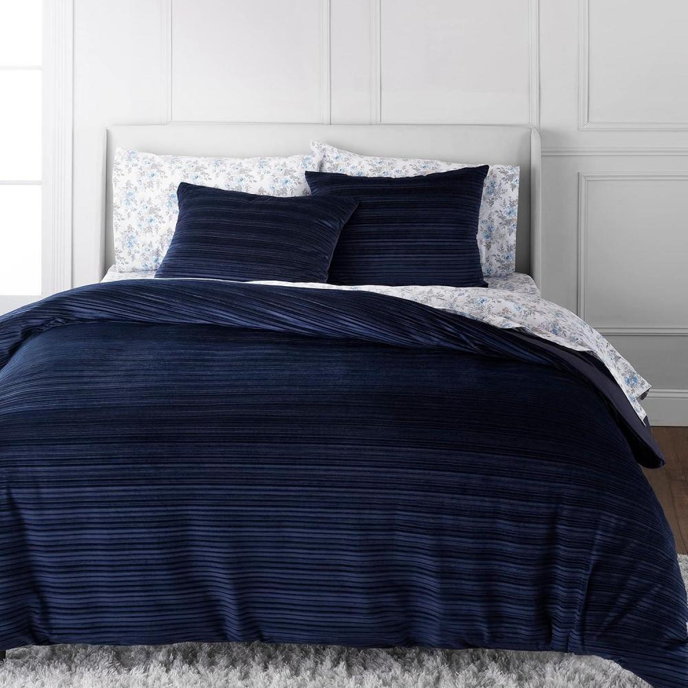 imageMARTHA STEWART Natalie King Size Duvet 3 Piece Set1 Duvet Cover 2 Pillow Shams Crinkle Velvet Texture Soft amp Royal Machine Wash 104x92 with Button Closure ChampagneNavy