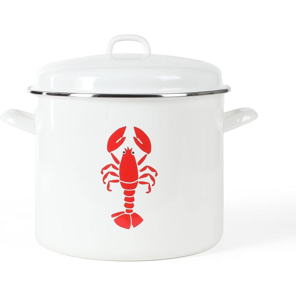 imageMartha Stewart 16Quart Enamel on Steel ScratchResistant Lobster Stock Pot Linen Durable Large Capacity Pot for Boiling Steaming amp Seafood CookingLinen