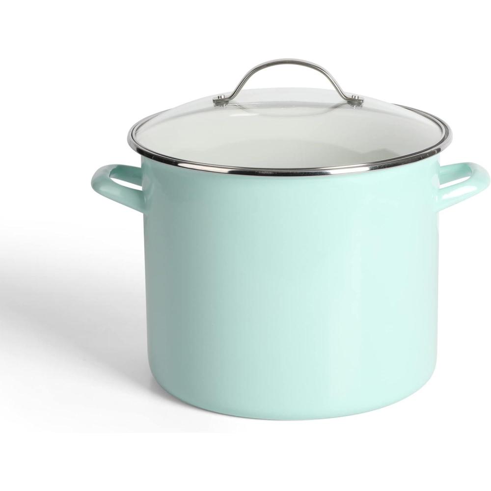 imageMartha Stewart 16Quart Enamel on Steel ScratchResistant Lobster Stock Pot Linen Durable Large Capacity Pot for Boiling Steaming amp Seafood CookingMartha Blue