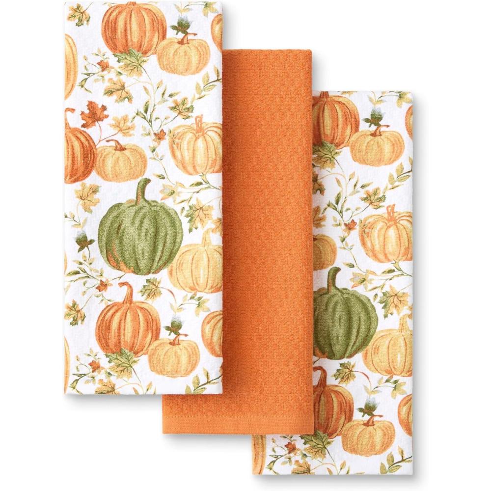 imageMartha Stewart Autumn Harvest Falling Leaves Kitchen Towel 3Pack Set 100 Cotton with Absorbent Terrycloth Decorative Kitchen Towels TanRedGreen 16x28OrangeGreenIvory