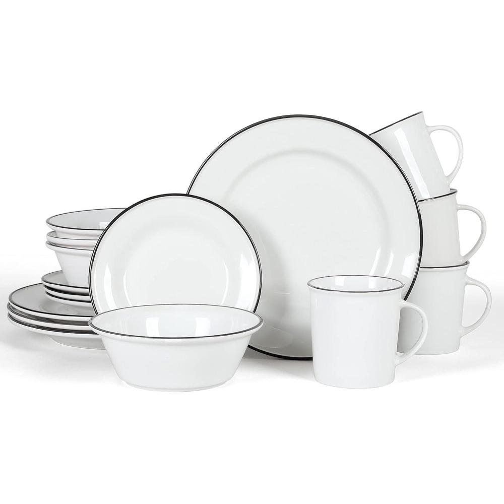 imageMartha Stewart Cliffield 16Piece Chip and Scratch Resistant Porcelain Dinnerware Set White wBlue RimWhite w Black Rim