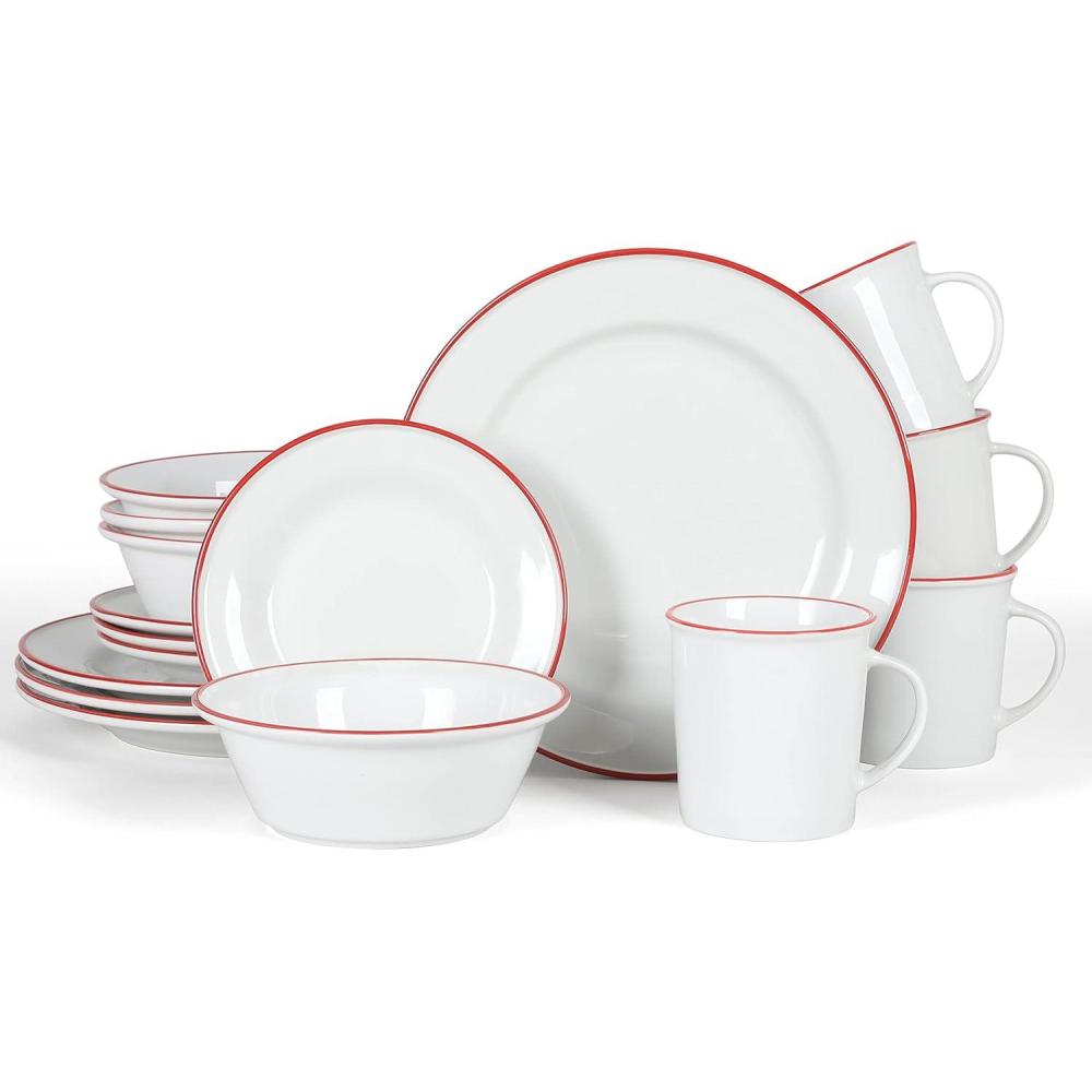 imageMartha Stewart Cliffield 16Piece Chip and Scratch Resistant Porcelain Dinnerware Set White wBlue RimWhite w Red Rim
