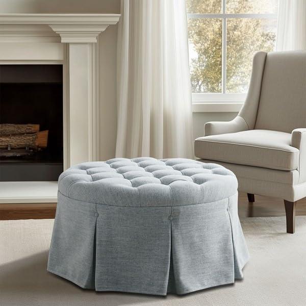 imageMartha Stewart Cocktail Ottoman for Living Room Fully Upholstered Button Tufted Round Ottoman Footrest Pleated Skirt Extra Seating Bedroom Ottoman Furniture Decor Terry 32 W Light BlueLight Blue