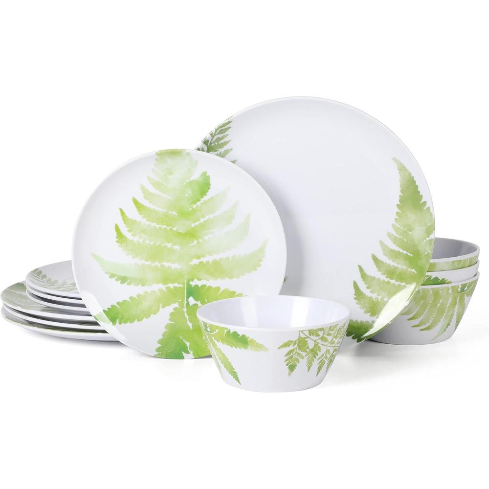 imageMartha Stewart Dragonfly 12 Piece Decorated Melamine Dinnerware Set WhiteFernview