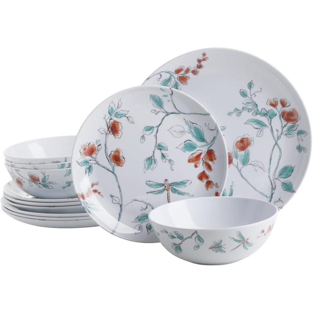 imageMartha Stewart Dragonfly 12 Piece Decorated Melamine Dinnerware Set WhiteWhite