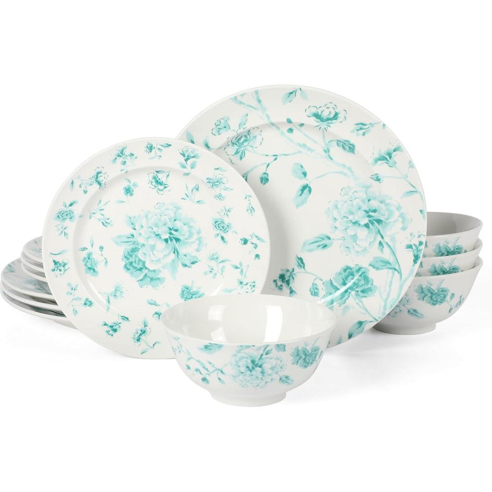 imageMartha Stewart Empress Bouquet 12Piece Decorated Porcelain Chip and Scratch Resistant Dinnerware Plates and Bowls Set Teal Floral