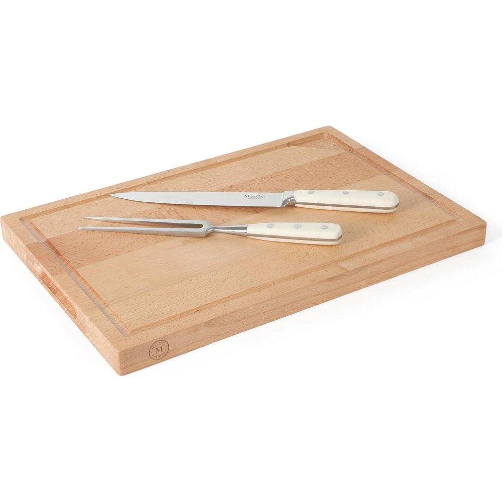 imageMartha Stewart Goswell 3pc Set w 8 Triple Riveted Stainless Steel Carving Knife 6 Triple Riveted Stainless Steel Carving Fork wBeech Wood Cutting and Serving BoardLinen
