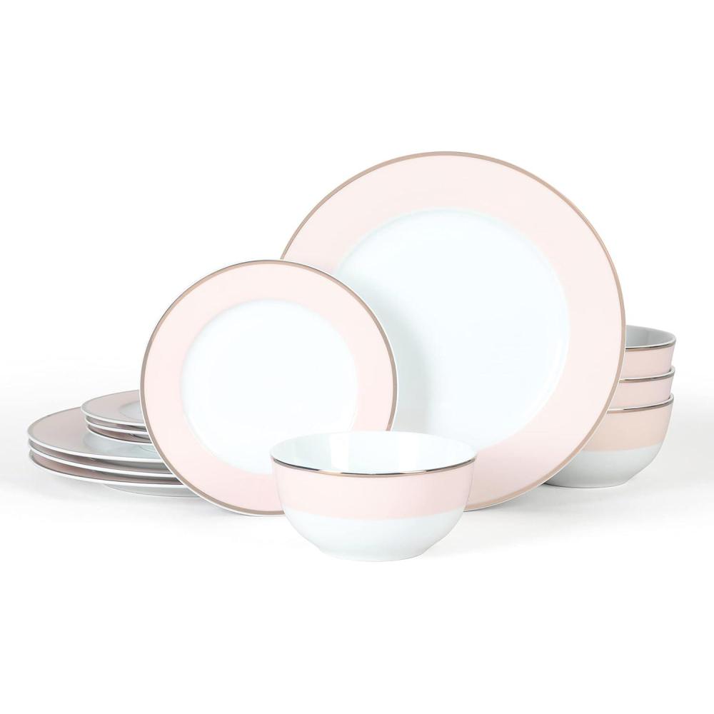 imageMartha Stewart Gracie Lane High Fired Porcelain Chip and Scratch Resistant Plates and Bowls Set White wGold Band Service for 4Pink w Gold Rim