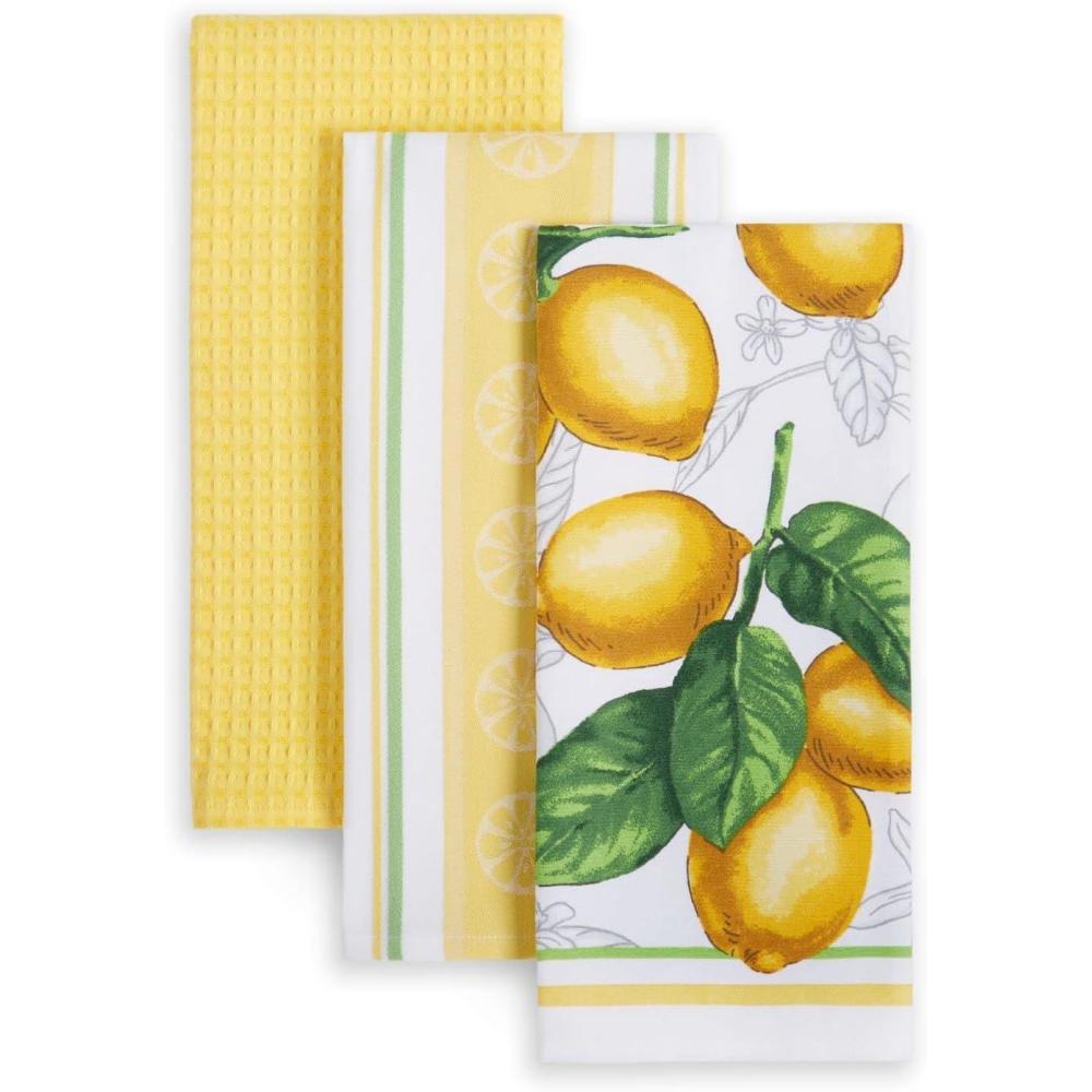 imageMartha Stewart LintFree Kitchen Towel 3Pack Set Iris 18x28Lots of Lemons