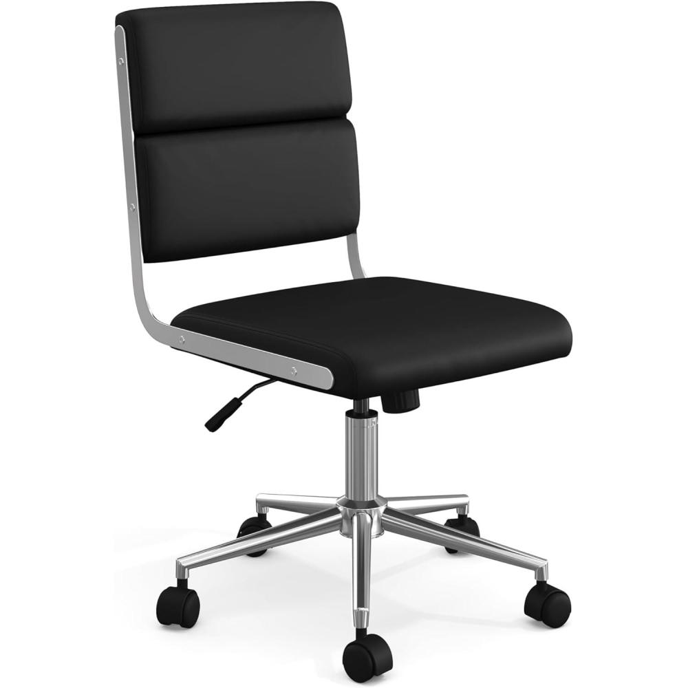 imageMartha Stewart Lulu Swivel Task Chair with Height Adjustable Seat for Home Office in Off White Faux Leather with Polished Brass FrameBlack Faux LeatherPolished Nickel Frame