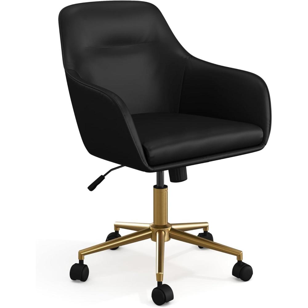 imageMartha Stewart Rayna Swivel Task Chair with Flared Arms for Home Office in Off White Fabric with Polished Brass FrameBlack Faux LeatherPolished Brass Frame