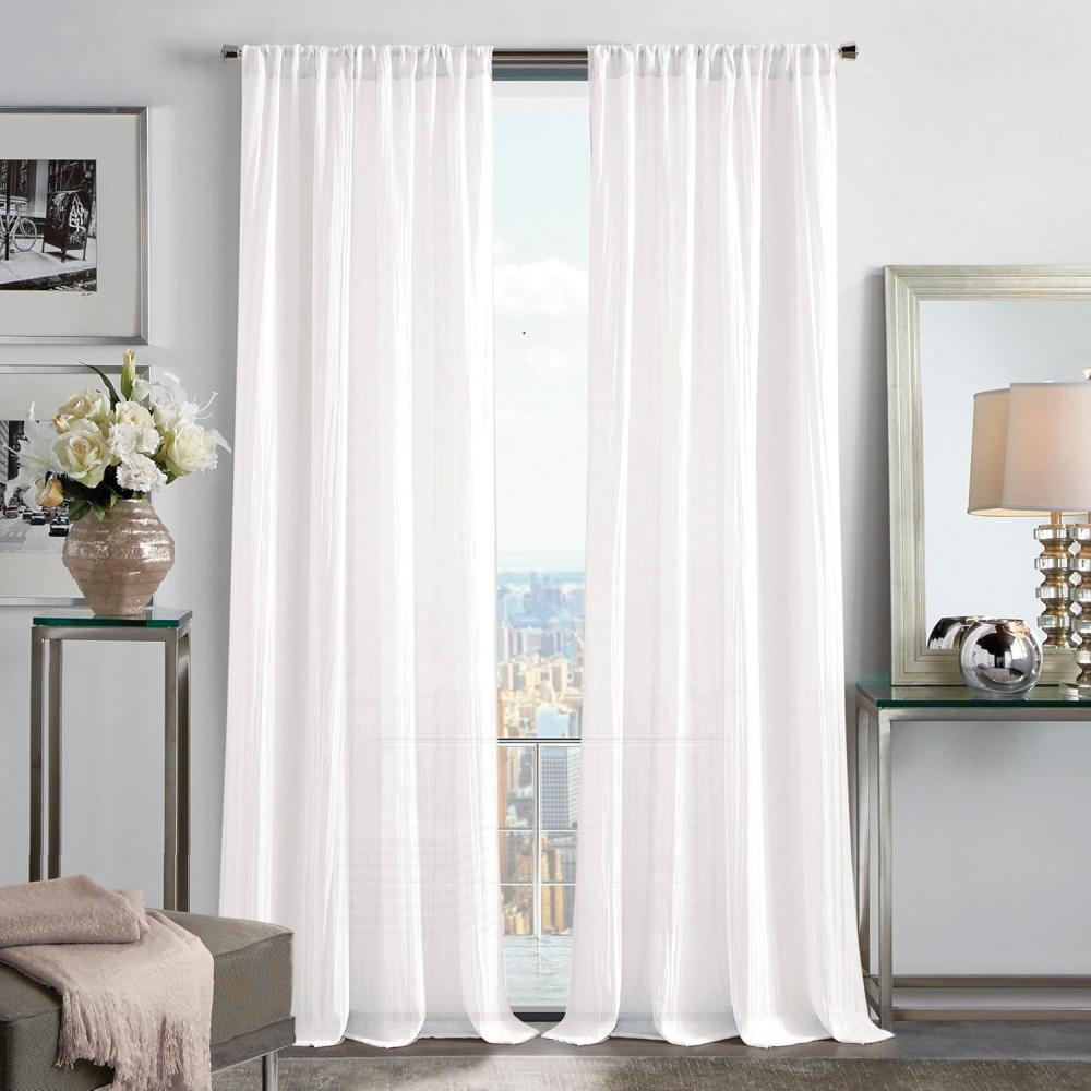 imageMartha Stewart Sheer Curtains Crinkle Textured Rod Pocket Window Curtain Panel Pair 84 WhiteWhite