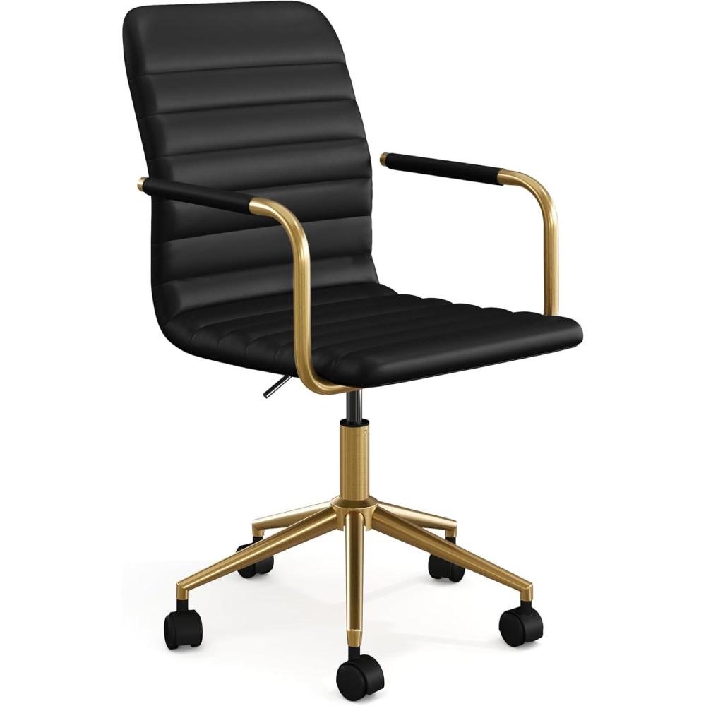 imageMartha Stewart Taytum Swivel Task Chair with Armrests for Home Office in Saddle Brown Faux Leather with Polished Nickel FrameBlack Faux LeatherPolished Brass Frame