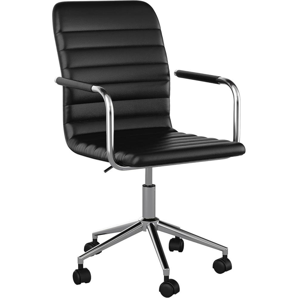 imageMartha Stewart Taytum Swivel Task Chair with Armrests for Home Office in Saddle Brown Faux Leather with Polished Nickel FrameBlack Faux LeatherPolished Nickel
