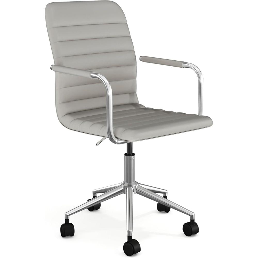 imageMartha Stewart Taytum Swivel Task Chair with Armrests for Home Office in Saddle Brown Faux Leather with Polished Nickel FrameGray Faux LeatherPolished Nickel Frame