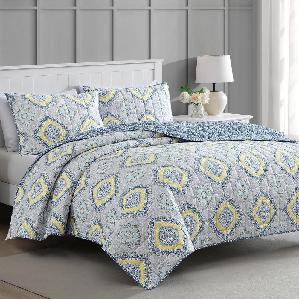 imageMartha Stewart Twin Size Quilt Bedding Set 2 Piece Soft Washed Microfiber Printed Bedspread Reversible All Season 1 Quilt 1 Standard Pillow Sham Blue White amp Red Painted Floral PrintJamie Medallion