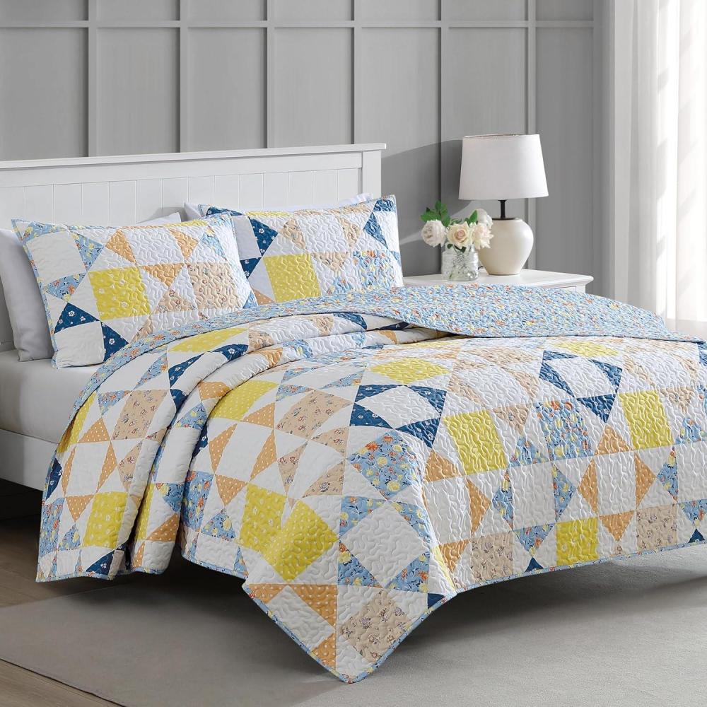 imageMartha Stewart Twin Size Quilt Bedding Set 2 Piece Soft Washed Microfiber Printed Bedspread Reversible All Season 1 Quilt 1 Standard Pillow Sham Blue White amp Red Painted Floral PrintKite Ditsy Patchwork