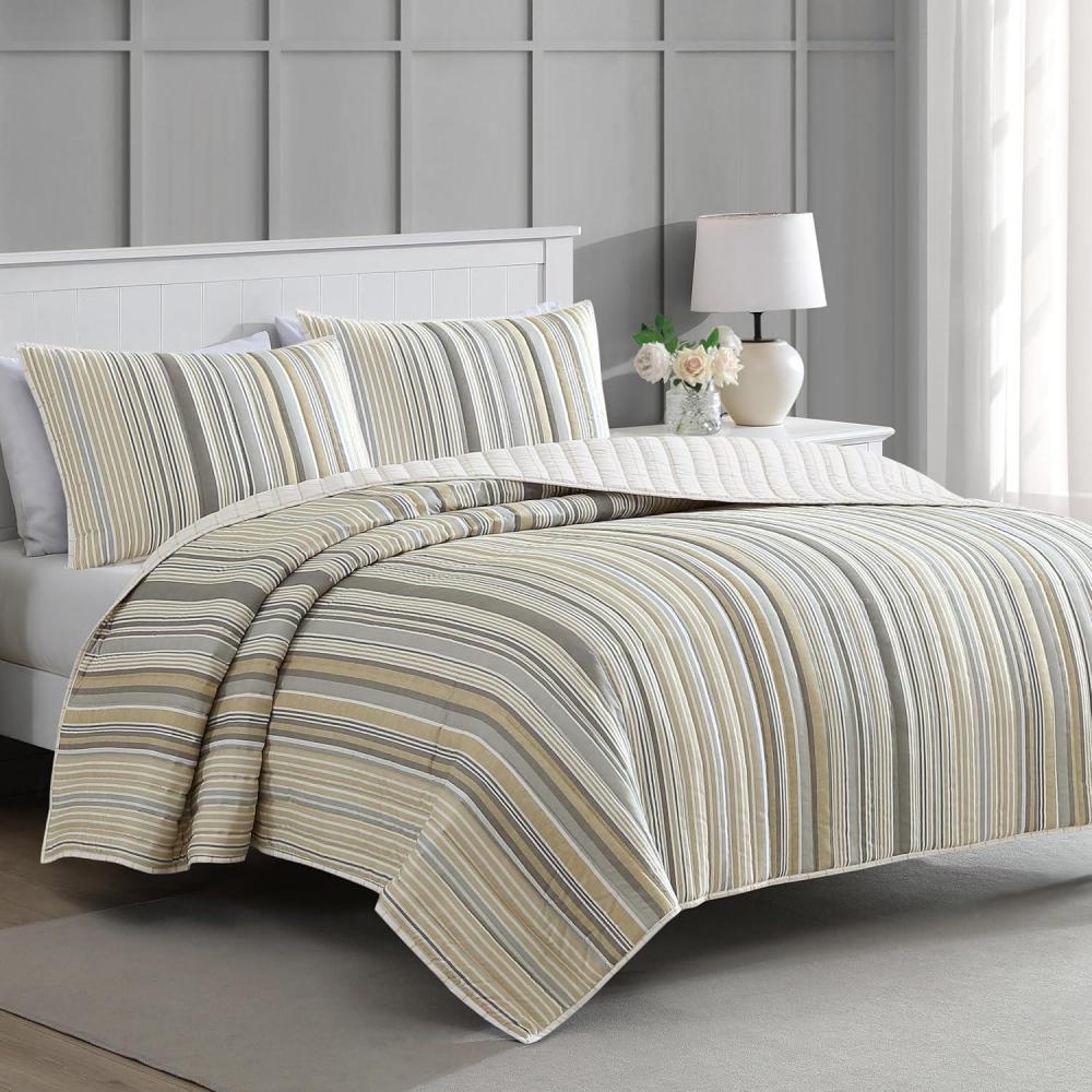 imageMartha Stewart Twin Size Quilt Bedding Set 2 Piece Soft Washed Microfiber Printed Bedspread Reversible All Season 1 Quilt 1 Standard Pillow Sham Blue White amp Red Painted Floral PrintLefferts Stripe