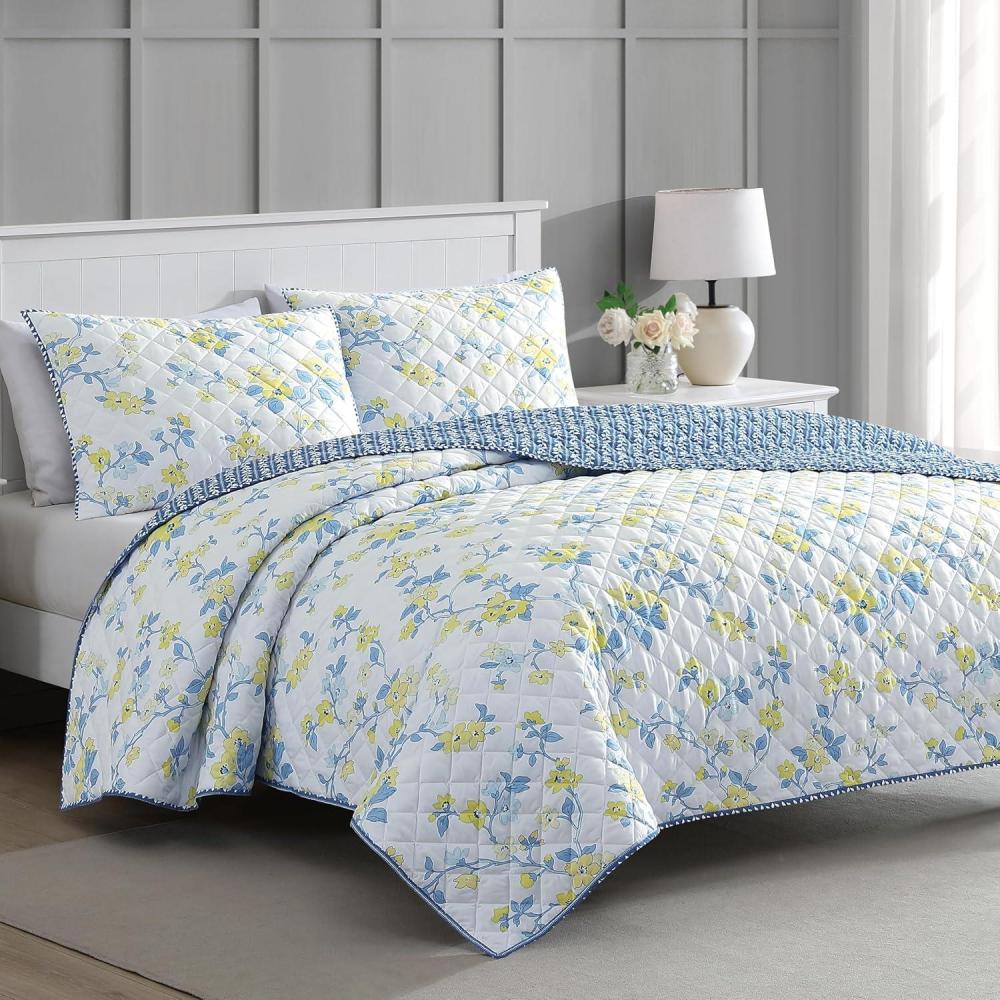 imageMartha Stewart Twin Size Quilt Bedding Set 2 Piece Soft Washed Microfiber Printed Bedspread Reversible All Season 1 Quilt 1 Standard Pillow Sham Blue White amp Red Painted Floral PrintMaribel Floral Vine