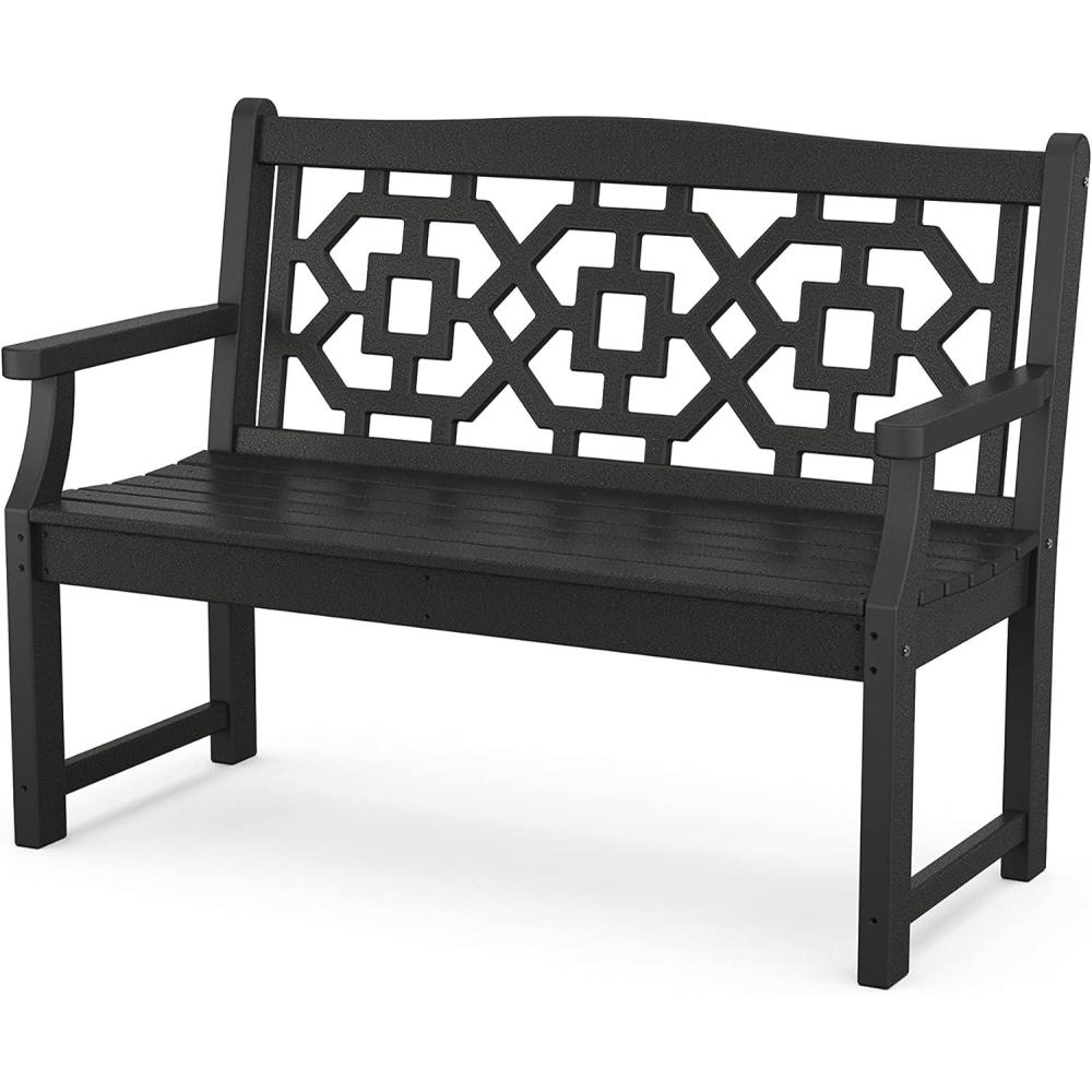 imageMartha Stewart by POLYWOOD Chinoiserie 48 Outdoor Bench for Patio Porch amp Backyard Sand Durable AllWeather HDPE Garden Seat with Back Support Classic 2 Person Seating Made in The USABlack