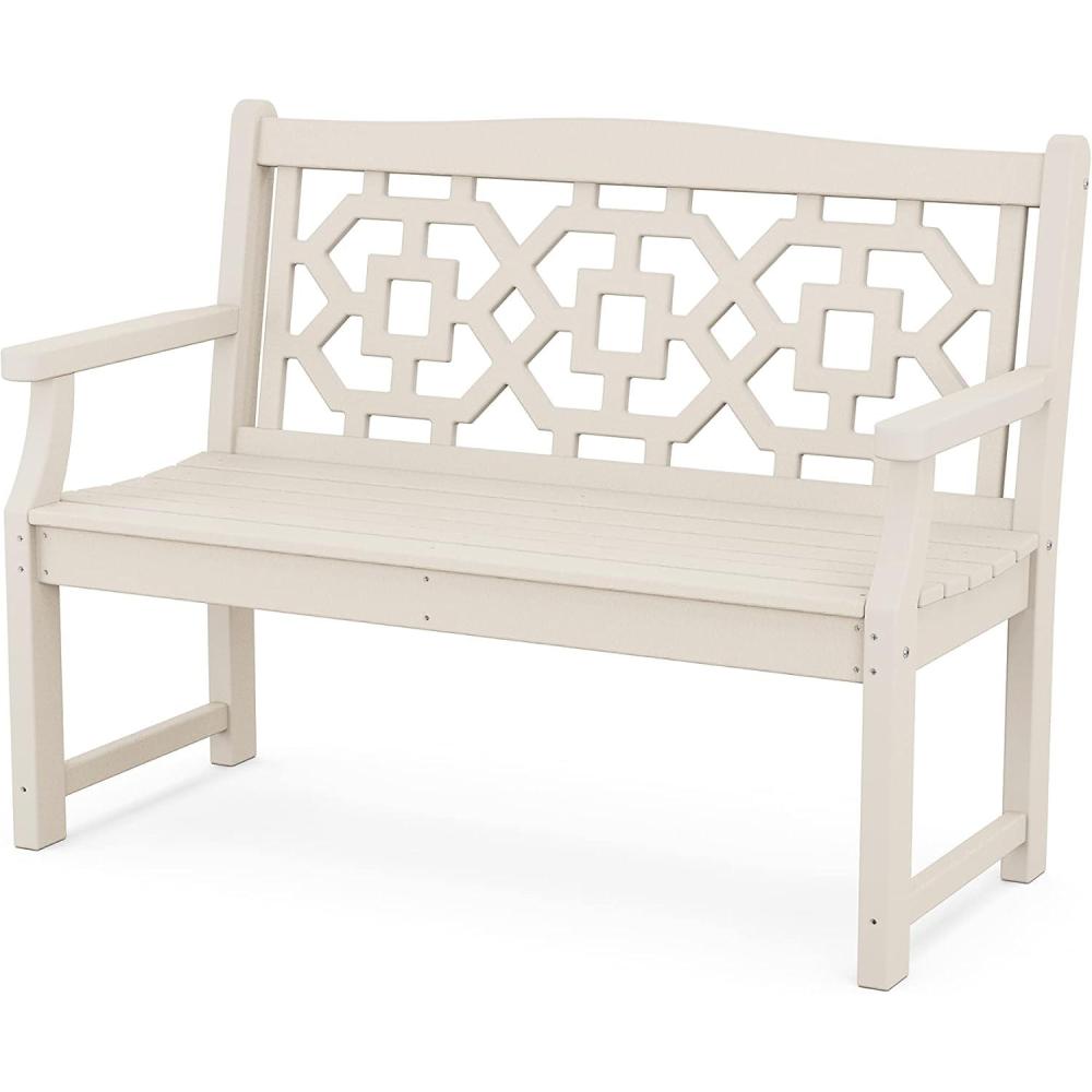 imageMartha Stewart by POLYWOOD Chinoiserie 48 Outdoor Bench for Patio Porch amp Backyard Sand Durable AllWeather HDPE Garden Seat with Back Support Classic 2 Person Seating Made in The USASand